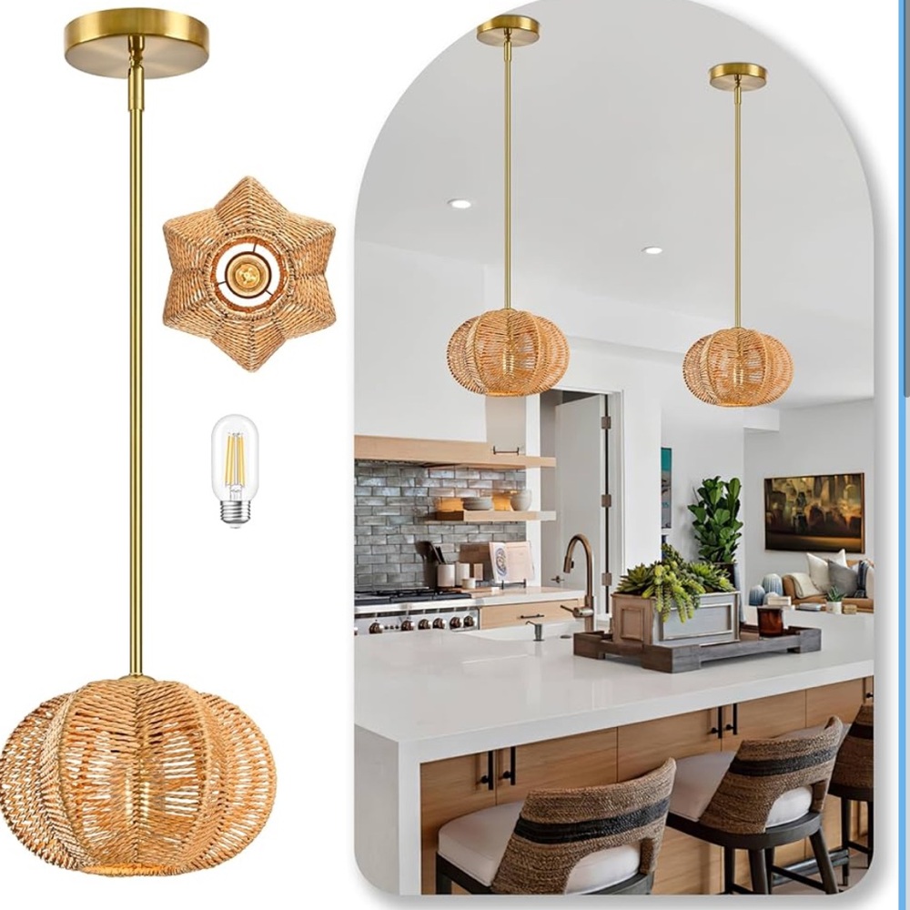 Boho Rattan Pendant Light Hemp Rope Light Fixture Woven Wicker Chandelier NEW